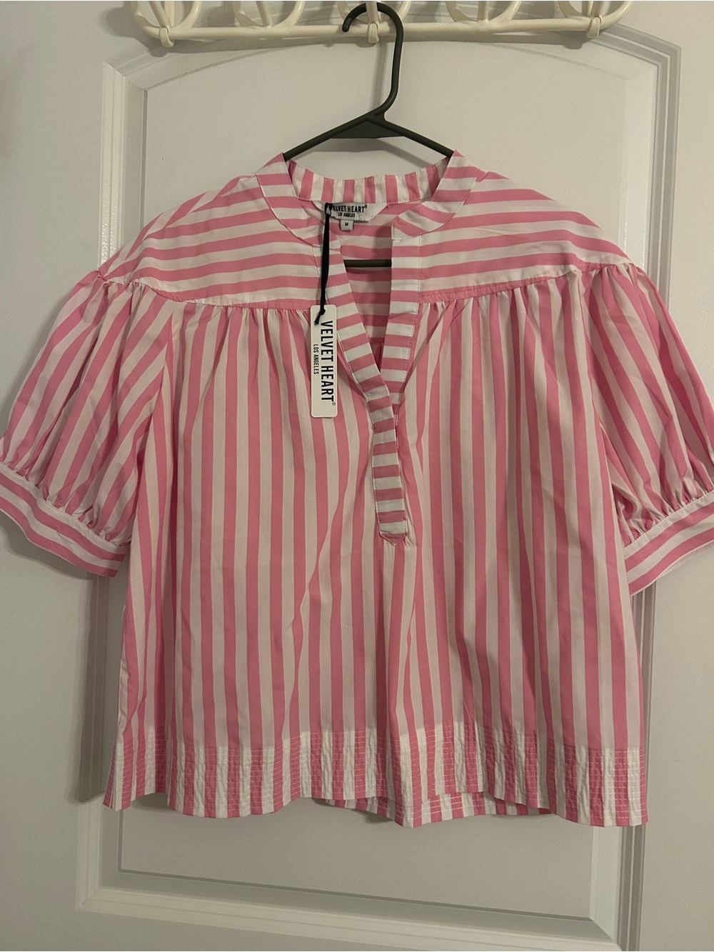 Velvet Heart Pink & White Striped Notch-Neck Blouse